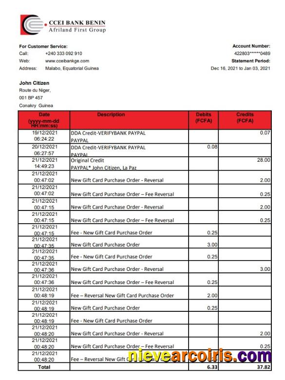 Equatorial Guinea CCEI Bank Benin bank statement easy to fill in .xls and .pdf file format